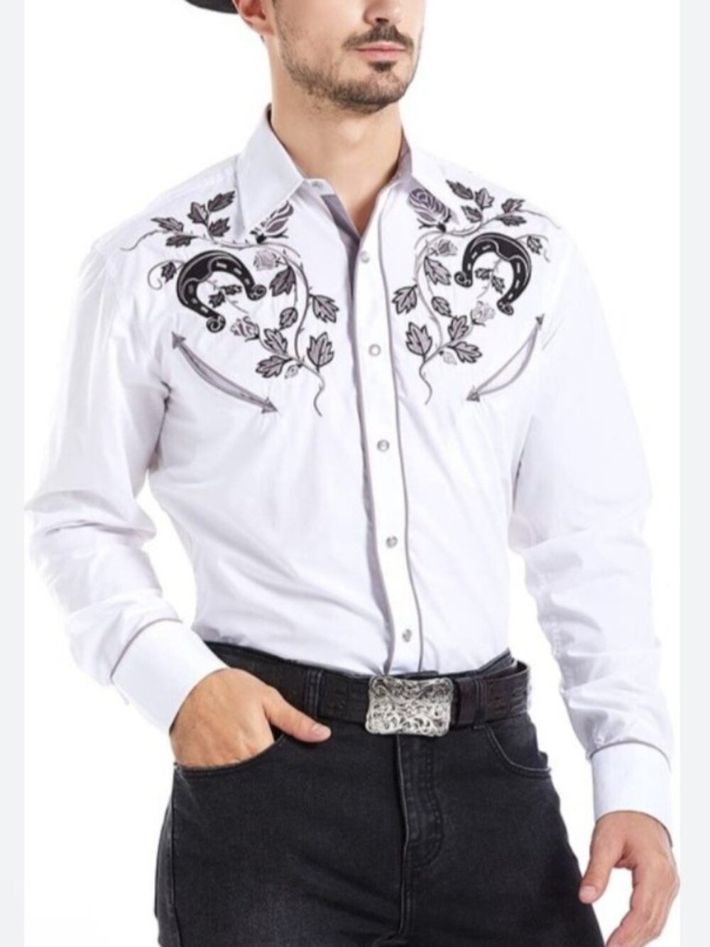 El Pionero Western White Shirt With Black Embroidery Long Sleeves Size XL